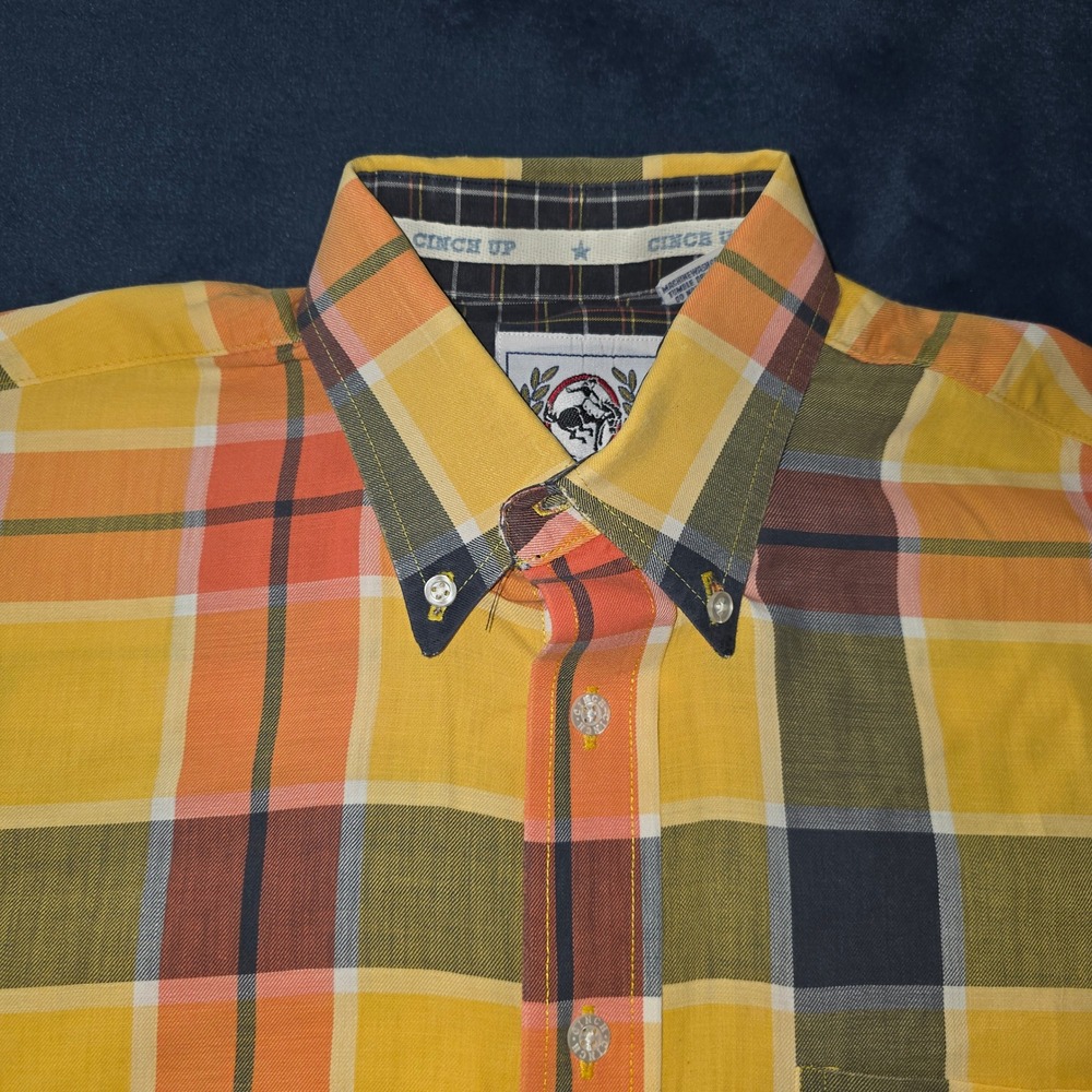 Cinch Mens Plaid Button Down Western Shirt Yellow Orange Green Size Medium